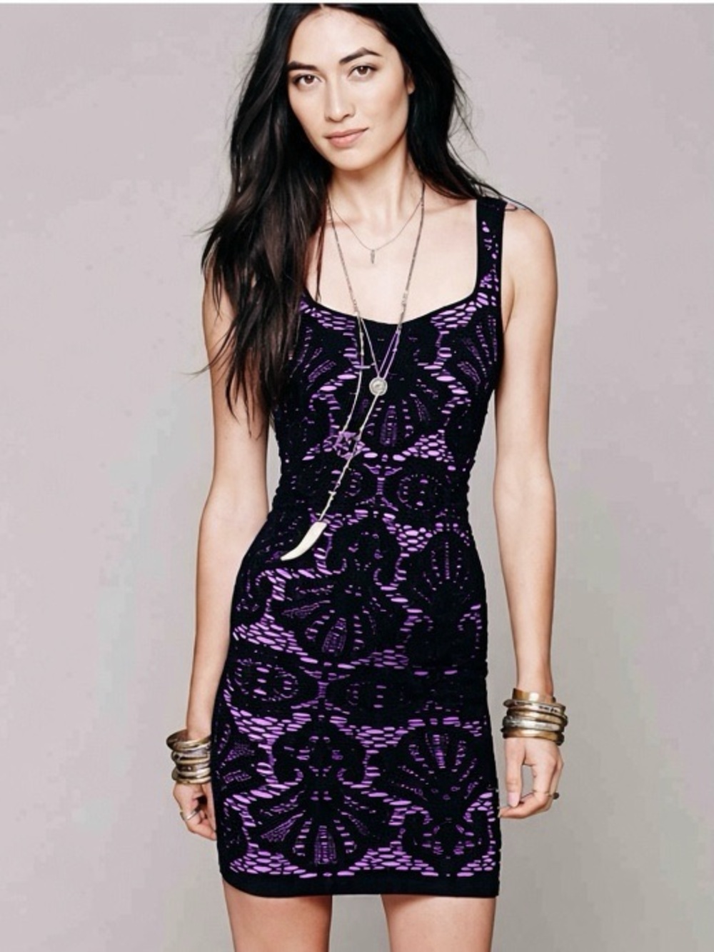 Free People Mini Dress Bodycon Black Purple Crochet Stretch XS/S